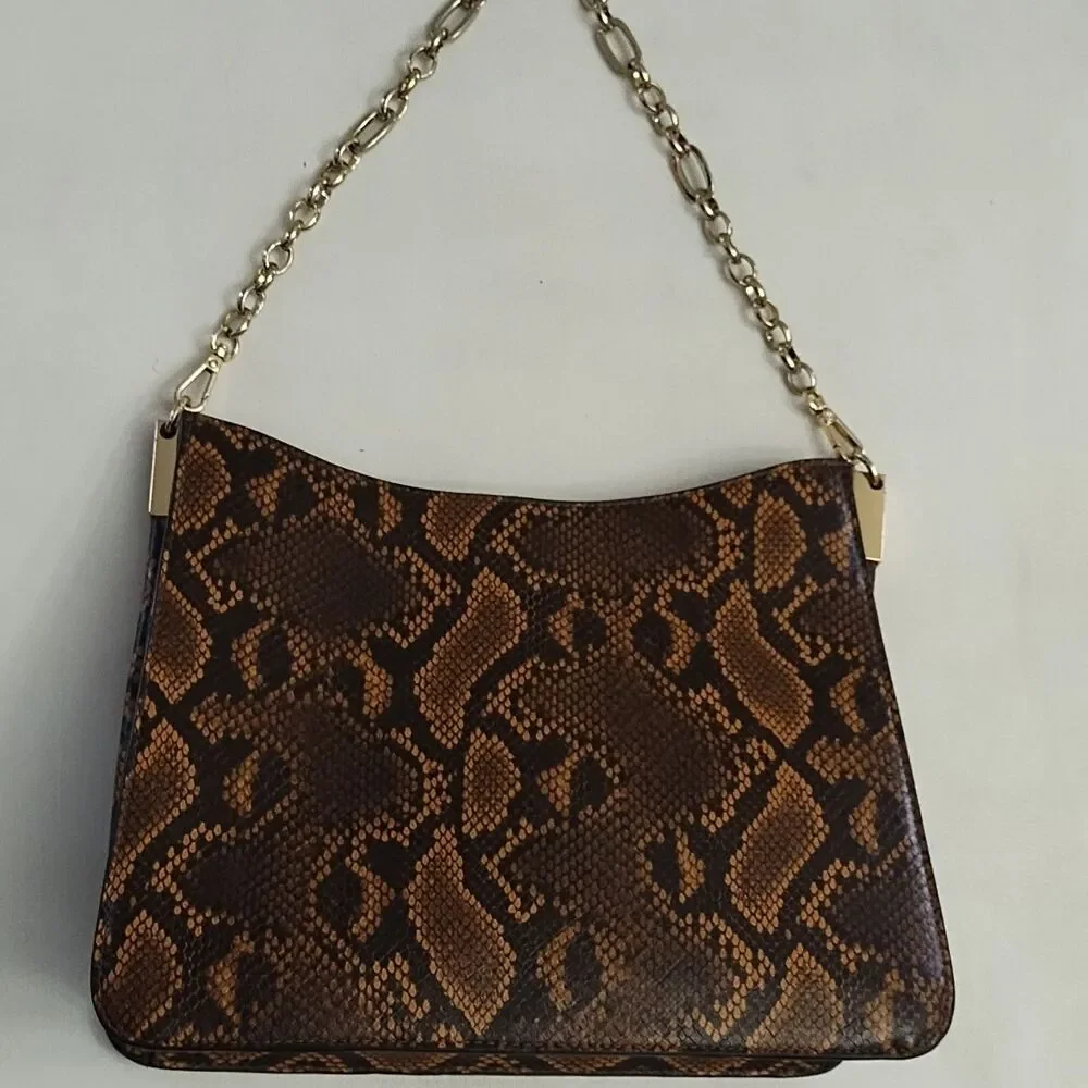 Alfani Brown Snake Print Shoulder Bag Chain Accent Gold Hardware